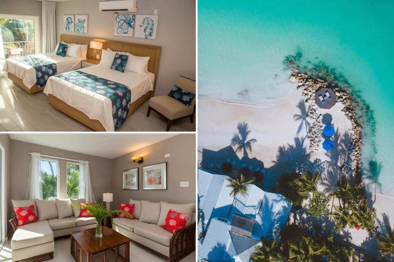 collage with aerial view over the resort, bedroom and lounge
