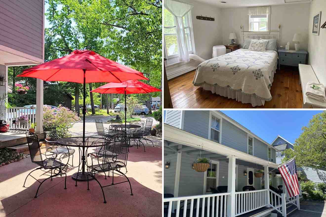 collage of three images with: hotel's building, tables with chairs and umbrellas and bedroom