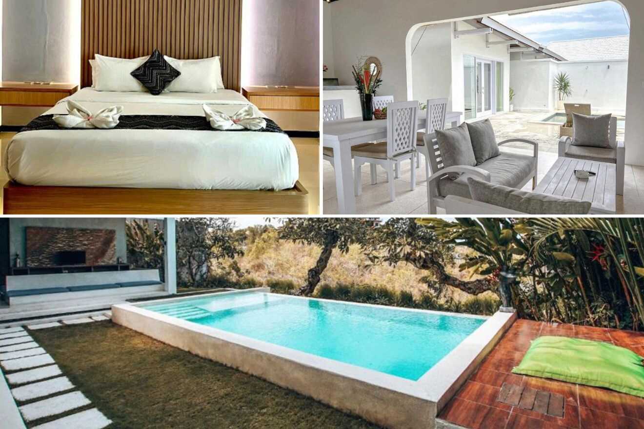 collage of three pictures: bedroom, seating area next to the pool, and outdoor pool