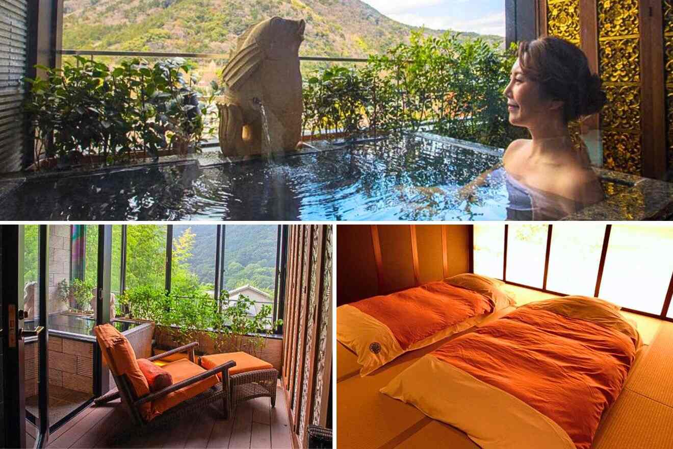 collage of three images: a woman enjoying a private onsen, a bedroom and lounge on the terrace