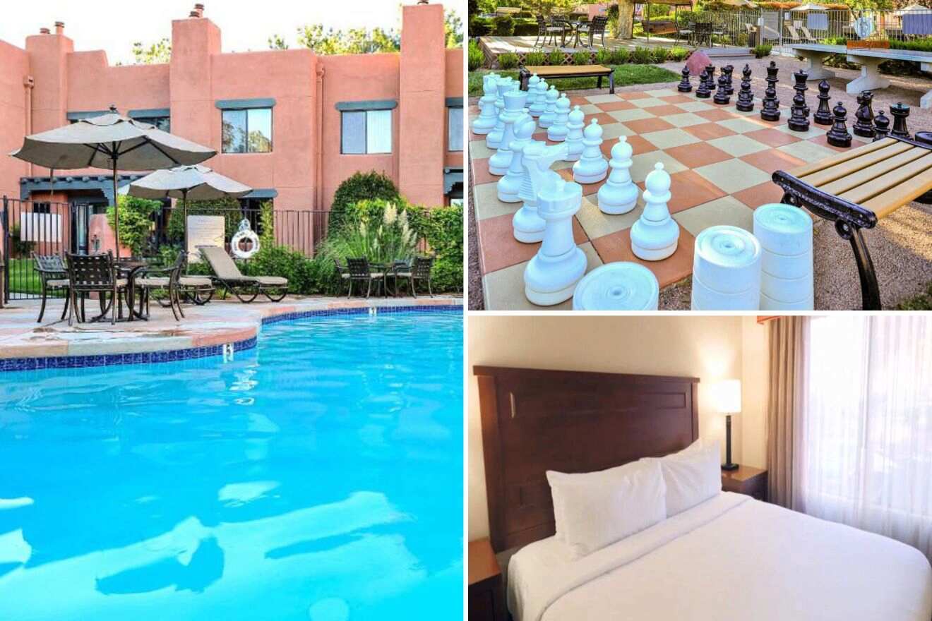 a hotel with a pool, bedroom and a giant chess board