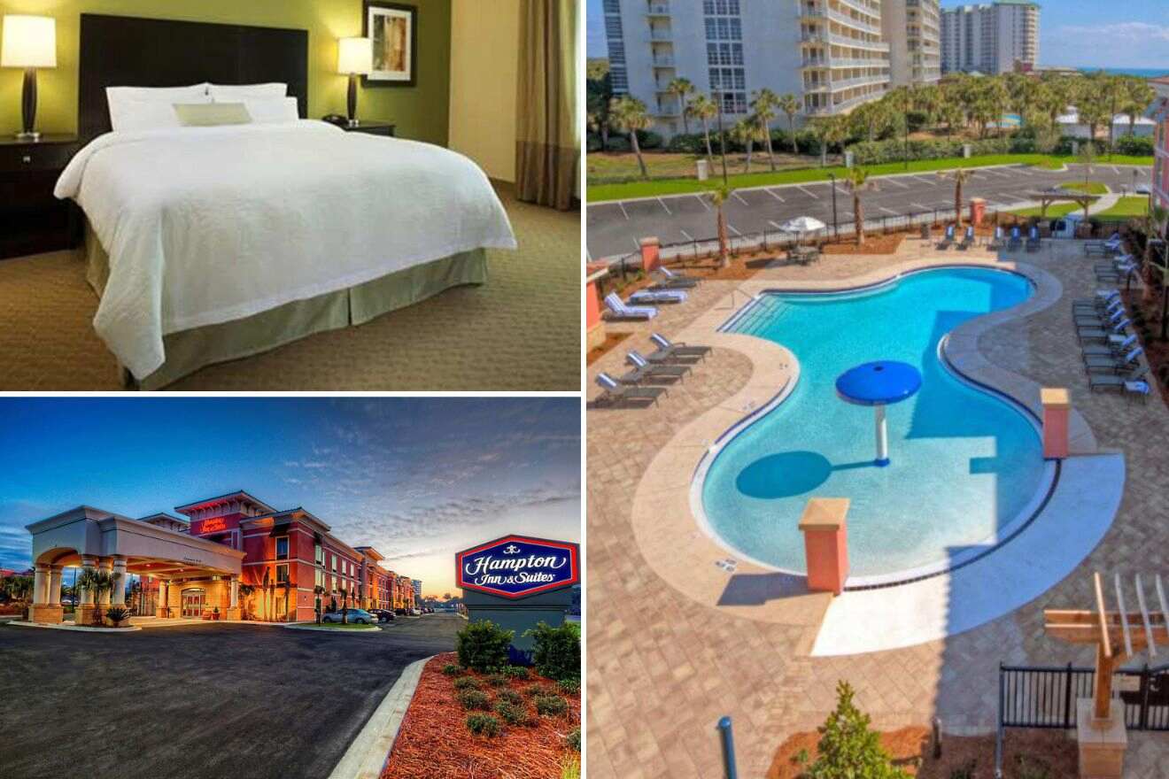 Collage of three hotel pictures: bedroom, outdoor pool, and hotel exterior