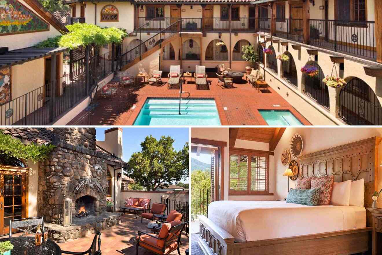 collage of a hotel with outdoor sitting area next to a huge fireplace, bedroom and a view over the pool area