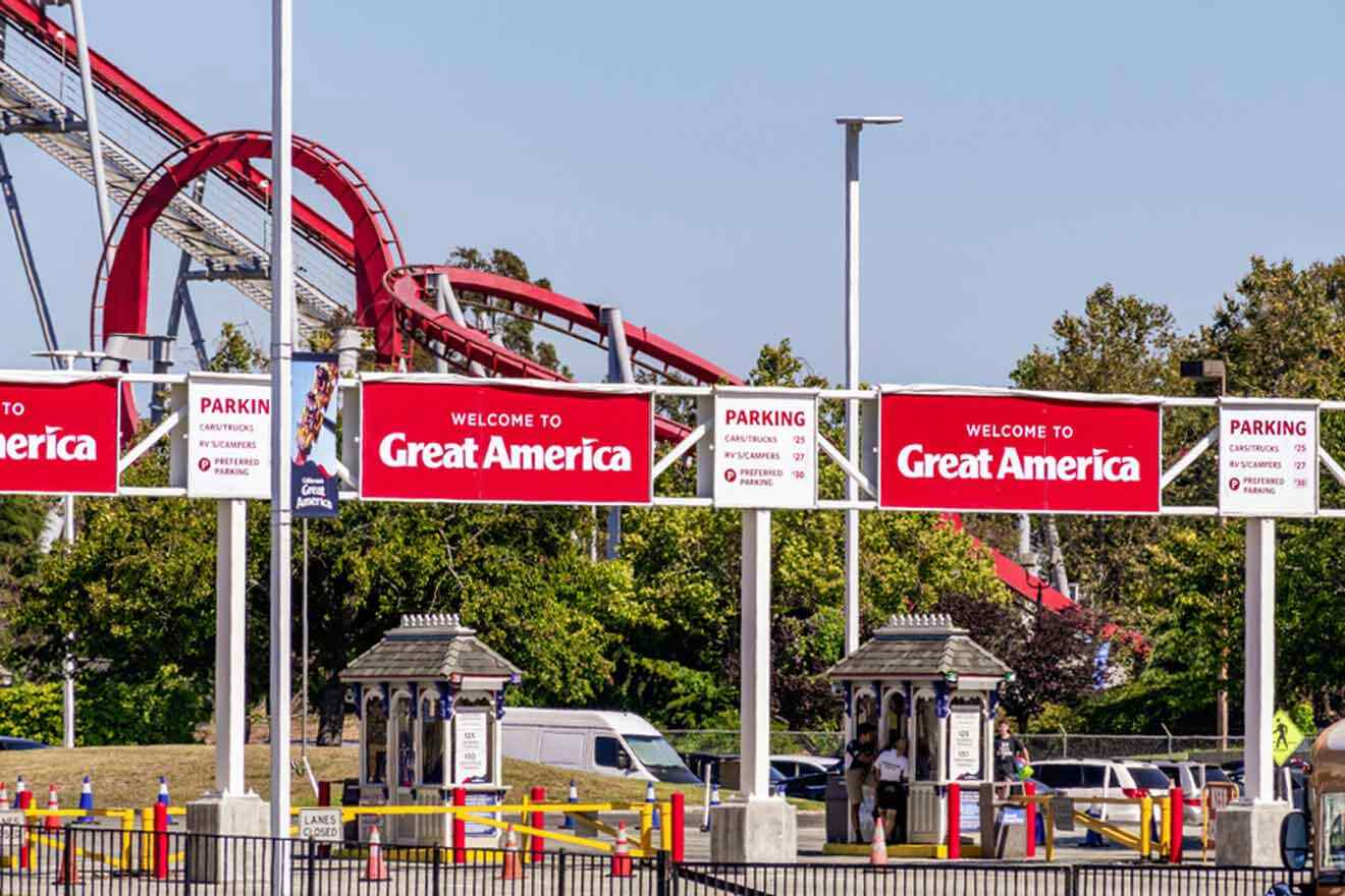 entrace at great america theme park with a rollercoaster in the background