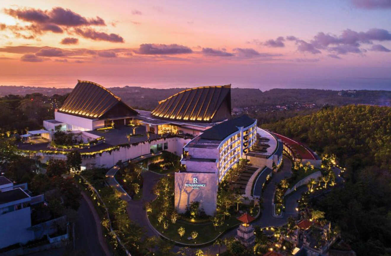 Aerial view of a hotel at night