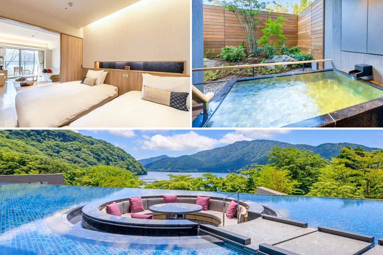 collage of three images: a private onsen, a bedroom and lounge in the middle of a pool