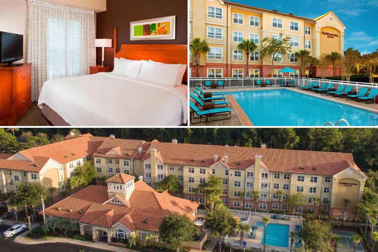 Collage of three hotel pictures: bedroom, outdoor pool, and hotel exterior