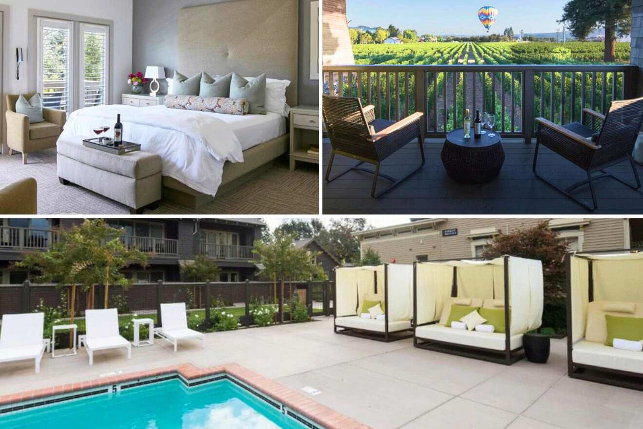 collage of a hotel with sitting area on the balcony with a view over the vineyards, bedroom and a pool with sunbeds and gazebos