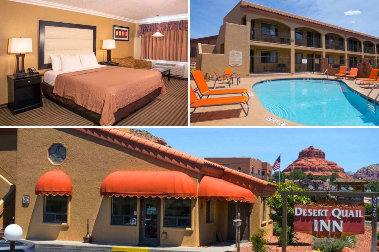 collage with a hotel building, a pool and a motel room