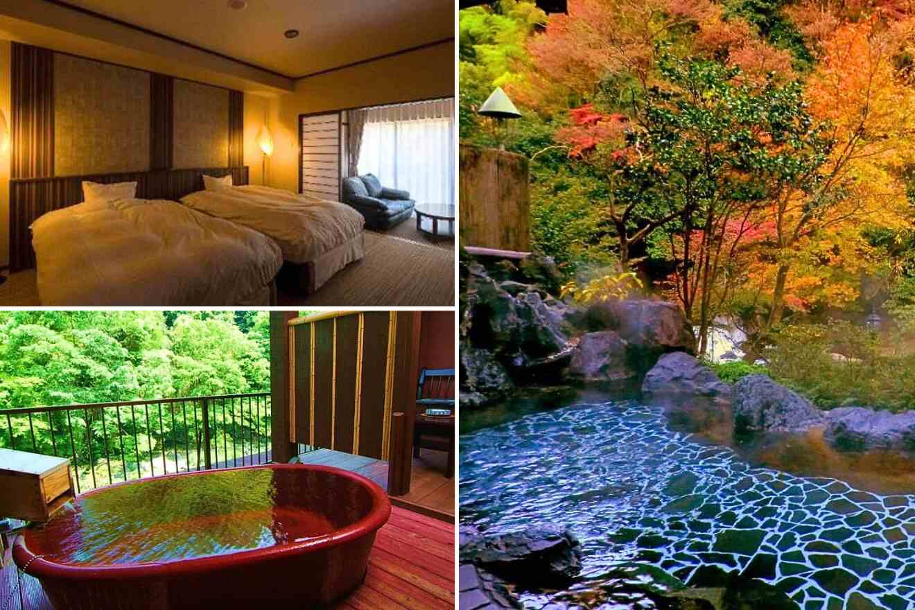 collage of three images: a private onsen, a bedroom and outdoor landscape