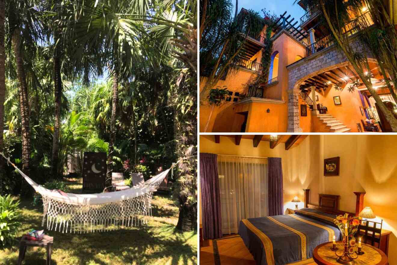 a collage of photos with a hammock, a bed and the hotel's patio