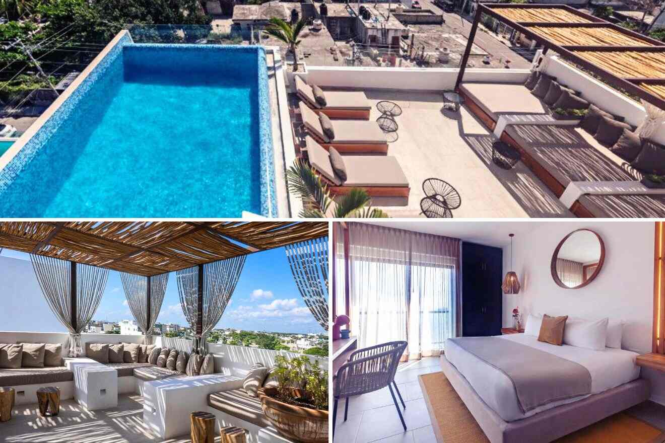 a collage of photos of a hotel, outdoor lounge and a pool