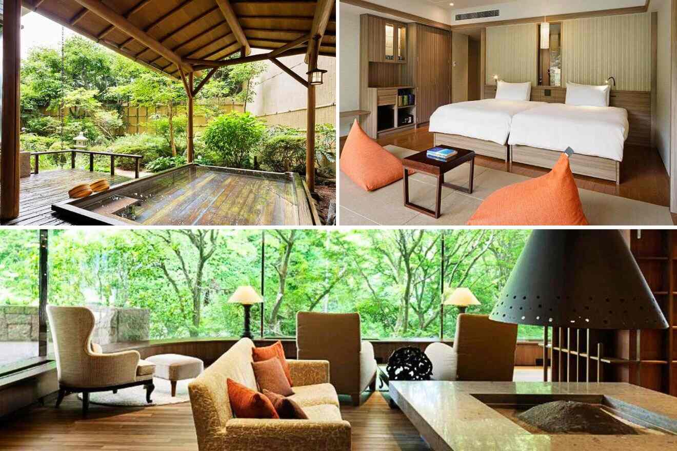collage of three images: a private onsen, a bedroom and lounge