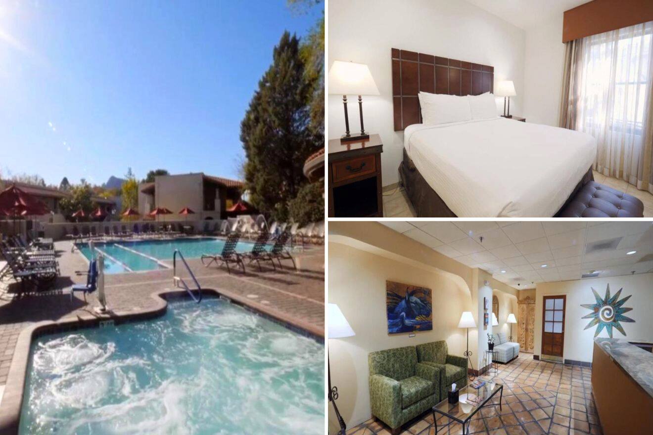 collage with a hotel room, common lounge area and a jacuzzi and a pool