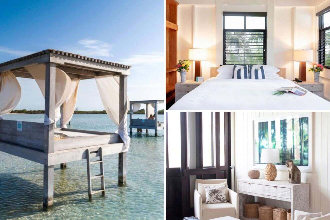collage with lounge, bedroom and gazebos on the water