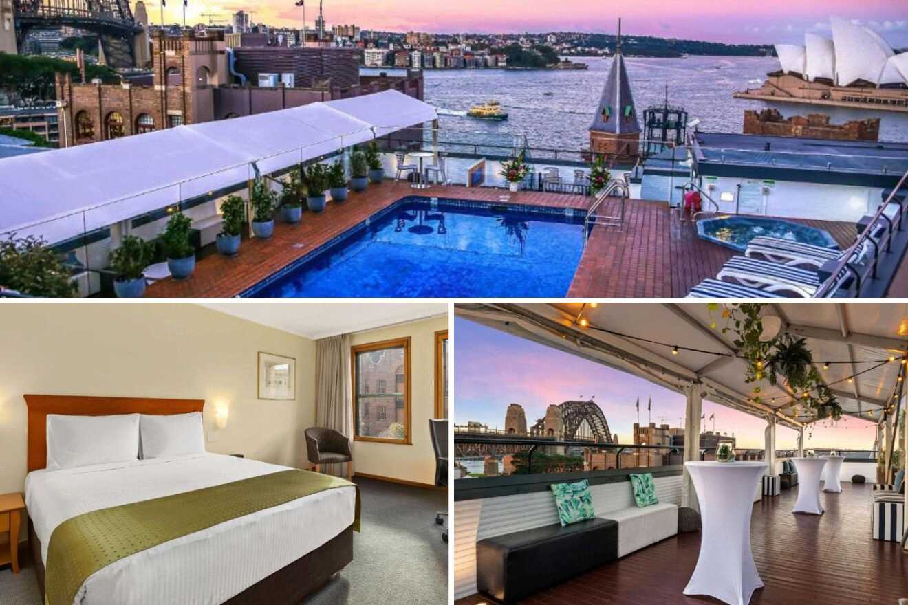 collage of a hotel room with a pool and a view of the city and a lounge area on the terrace