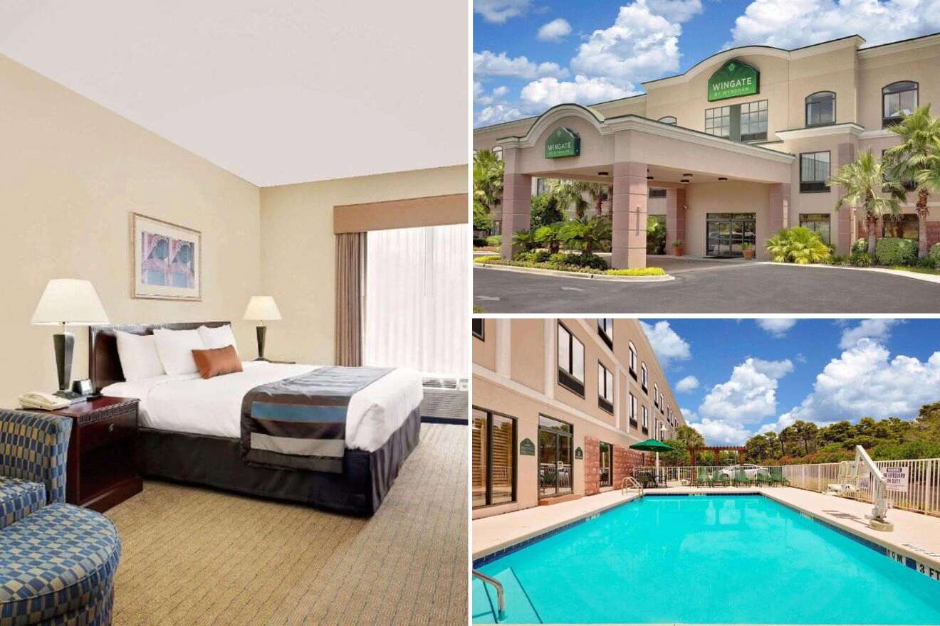 Collage of three hotel pictures: bedroom, outdoor pool, and hotel exterior