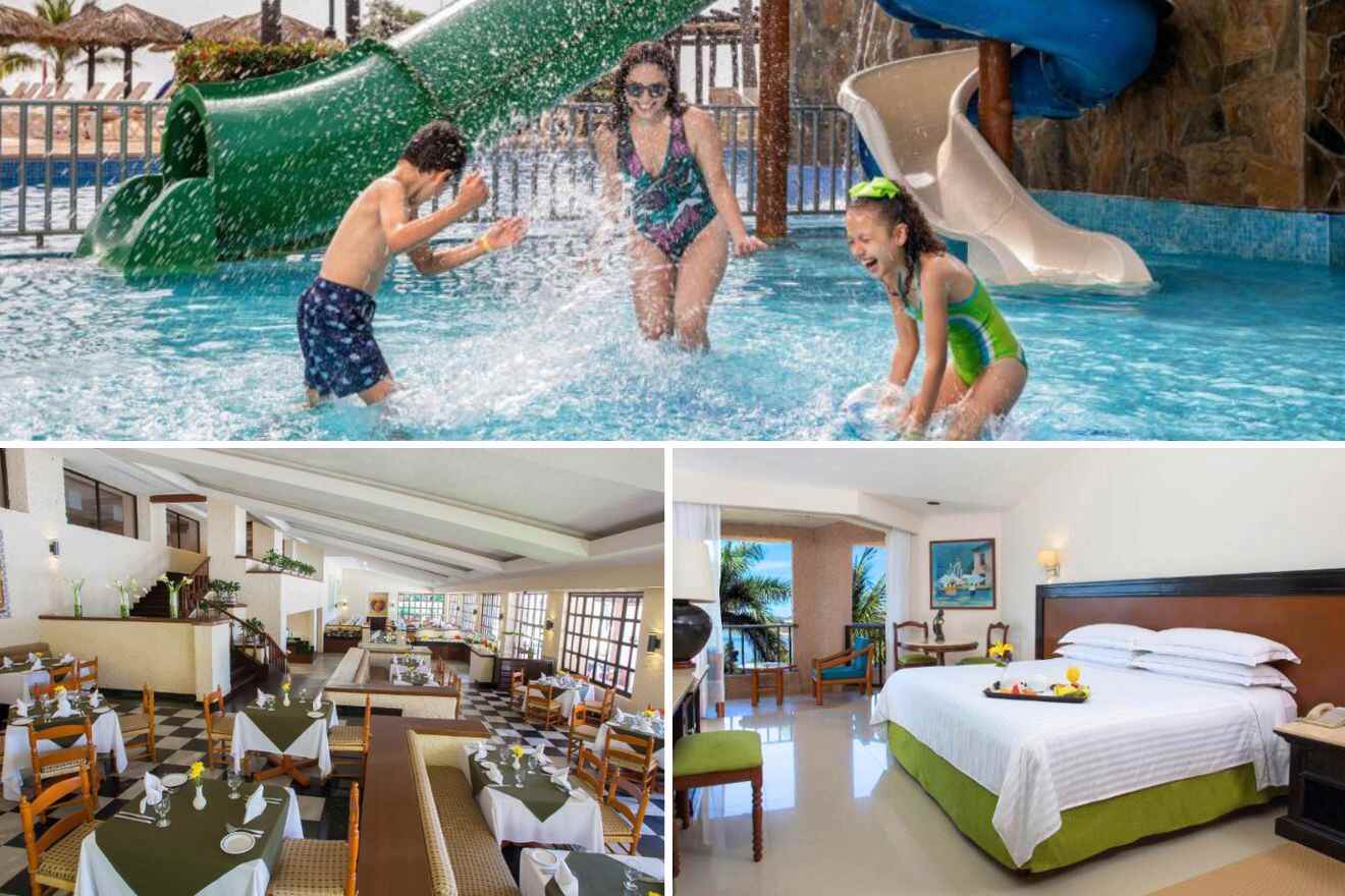 collage with kids playing in a waterpark, bedroom and restaurant