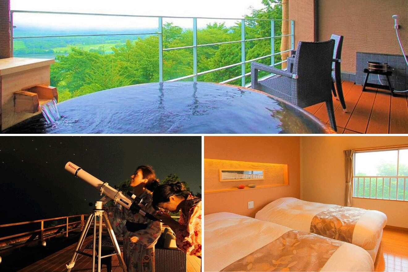 collage of three images: a private onsen, a bedroom and women looking through a telescope
