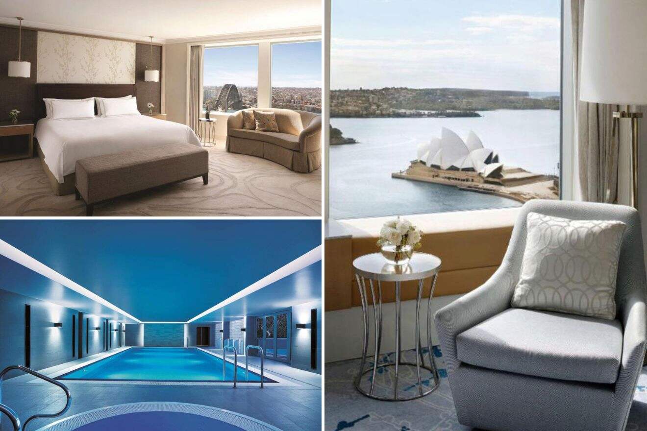 collage with a hotel room, indoor pool and arm chair by the window with stunning view over the Sydney Opera