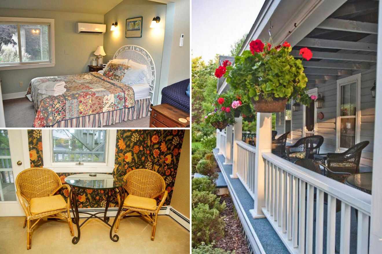 collage of three images with: porch with chairs and flowers, a lounge area and bedroom