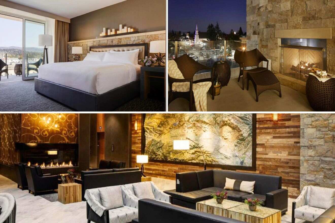 collage of a hotel with lounge area on the terrace, bedroom and living area