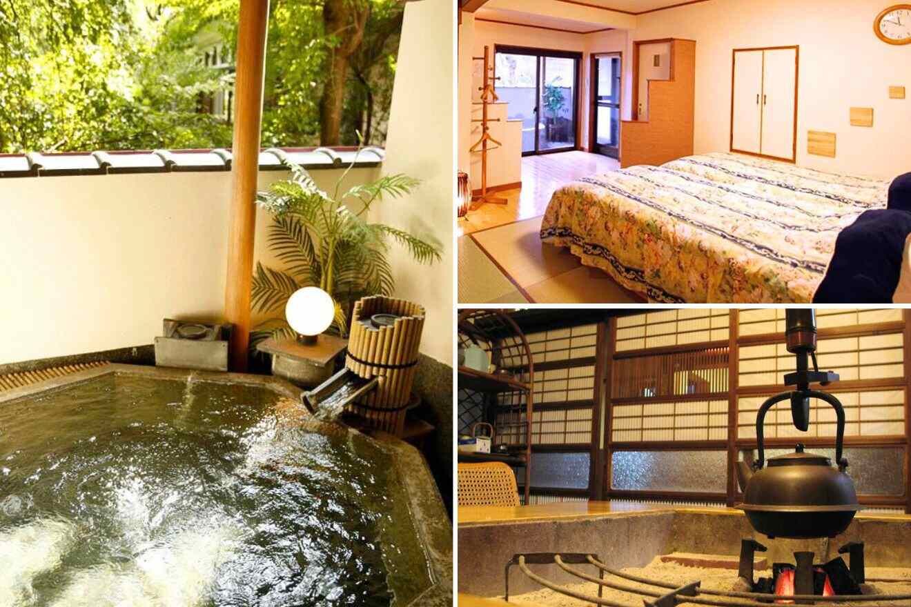 collage of three images: a private onsen, a bedroom and barbeque area