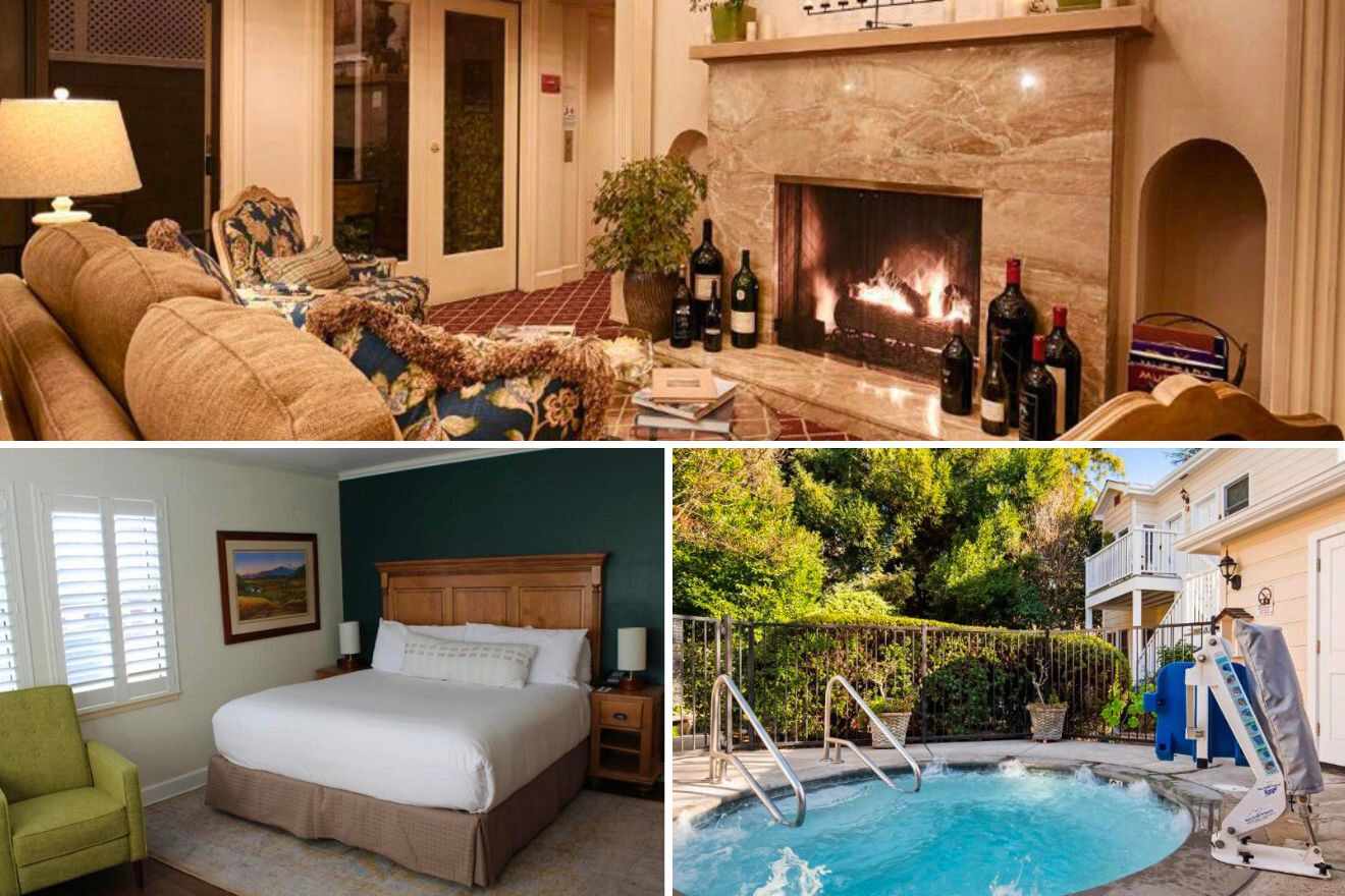 collage of a hotel with the lounge with fireplace, bedroom and a pool