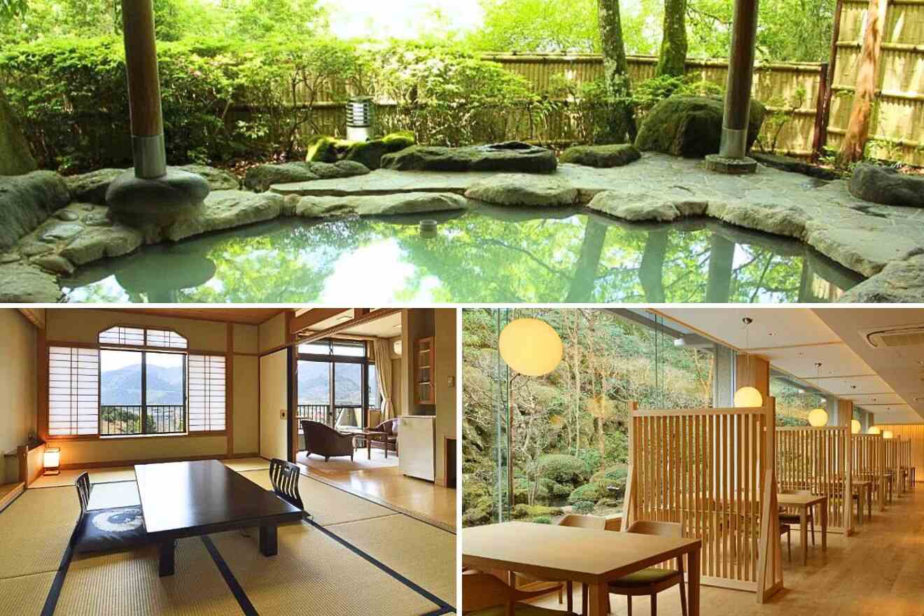 collage of three images: a private onsen, a japanese style bedroom and dining room