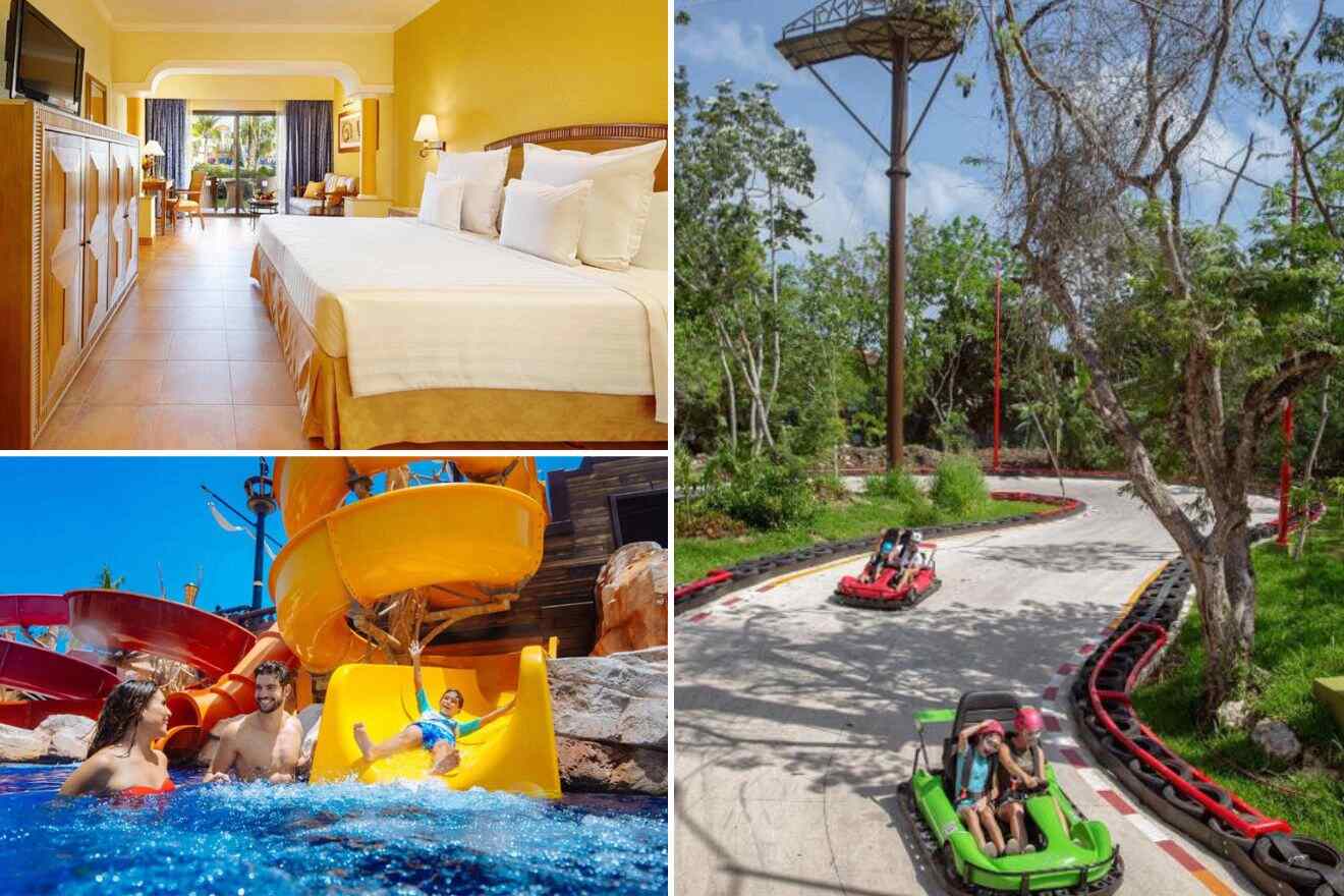 collage with family enjoying the waterpark, bedroom and kart racing