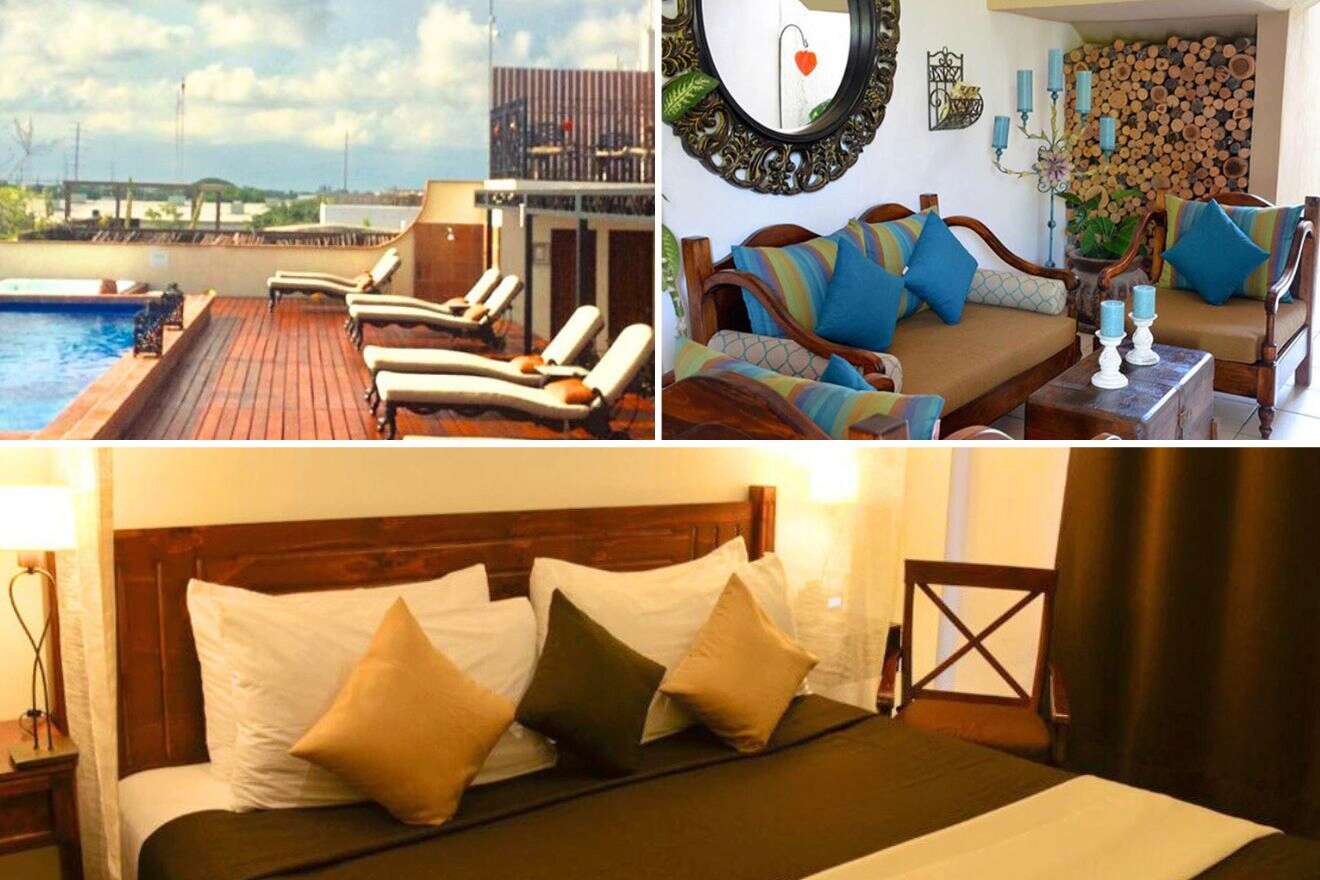 a collage of photos of a hotel room with a pool and a lounge