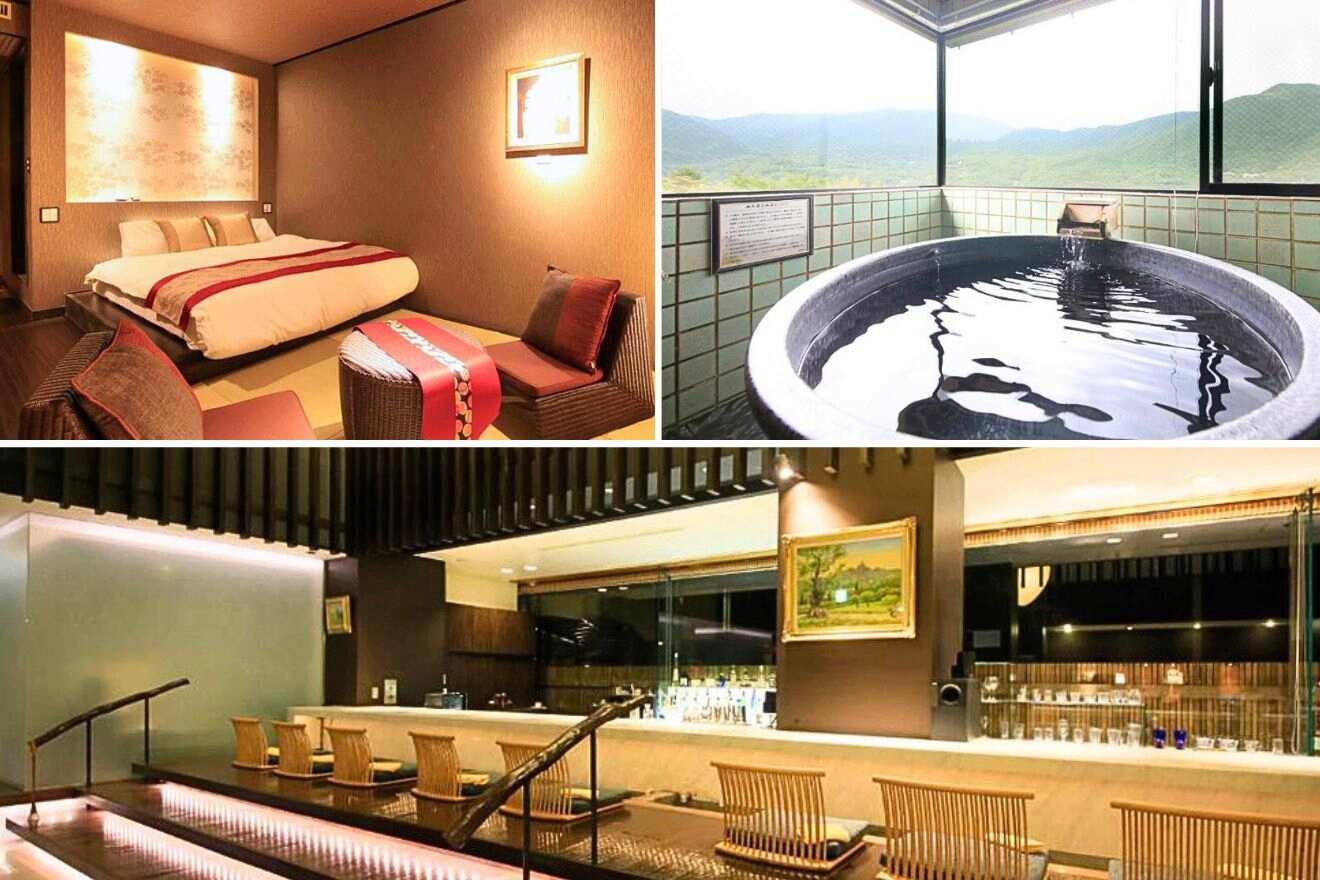 collage of three images: a private onsen, a bedroom and bar area