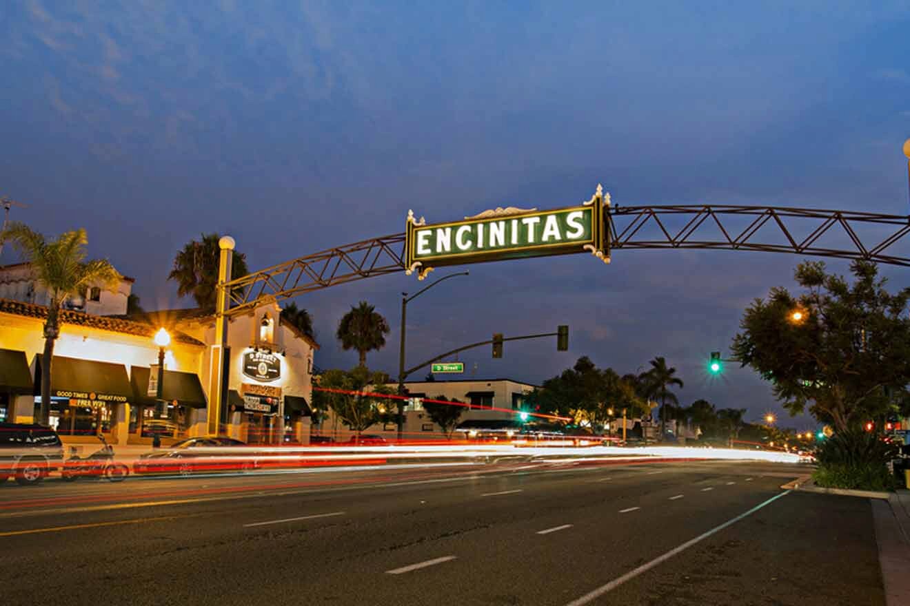 road with the encinitas sign across it at night