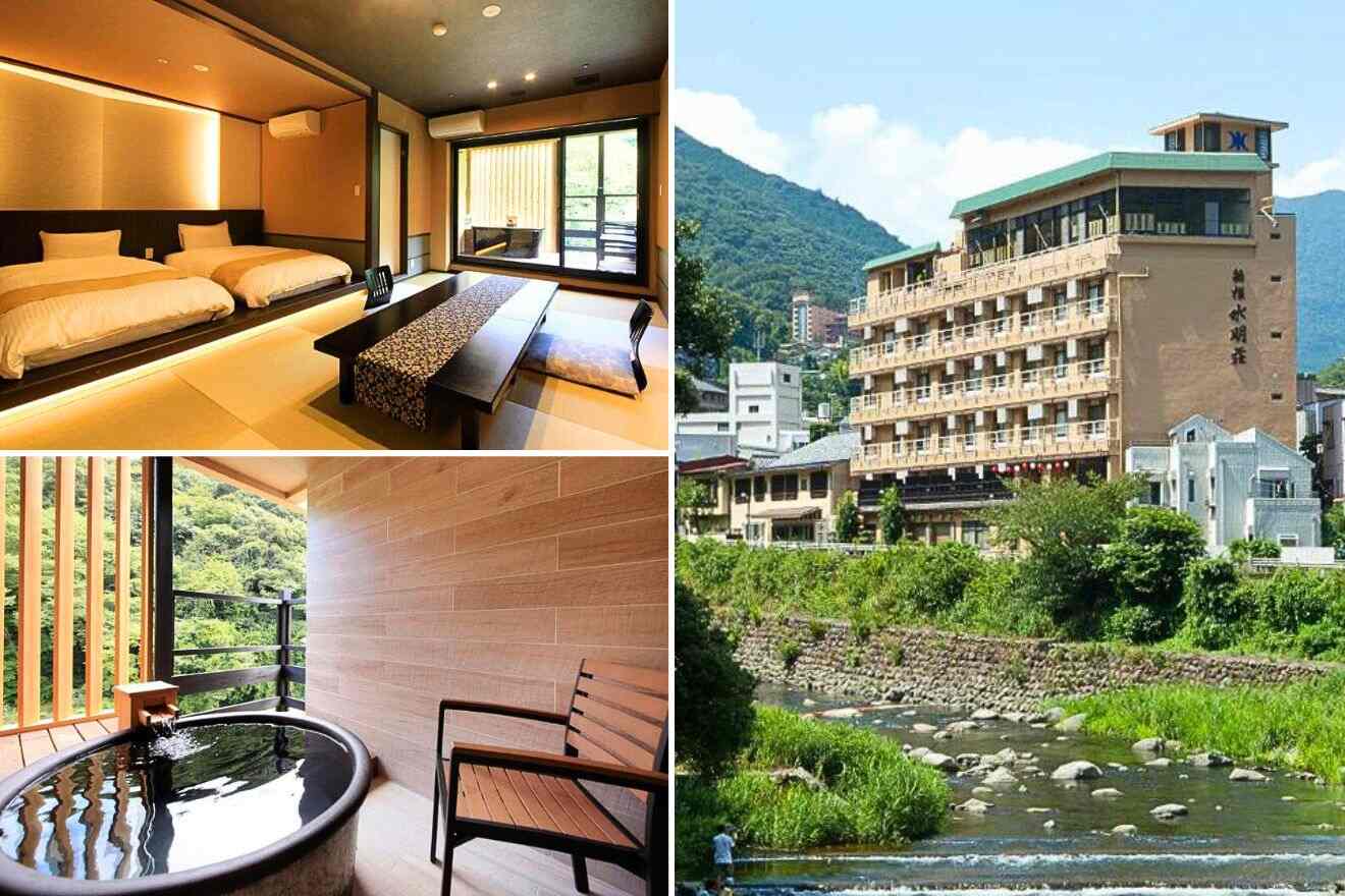 collage of three images: a private onsen, a bedroom and building