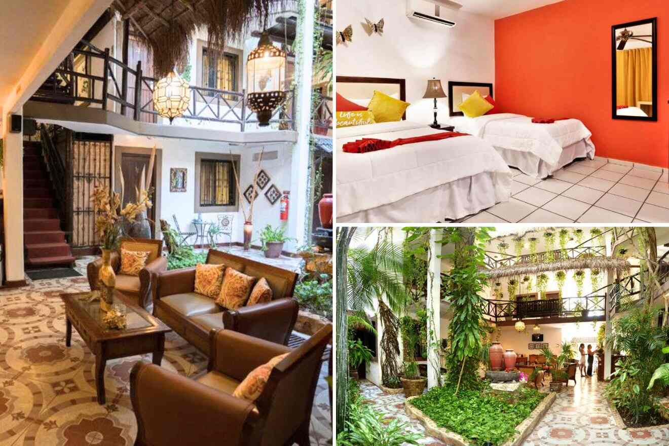 a collage of photos of a hotel room, a garden and living room