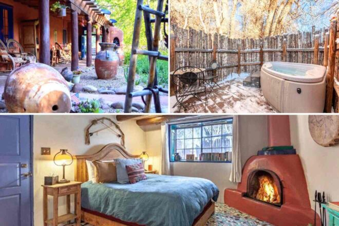 collage with hotel's backyard with lots of garden furniture, a bedroom with a bed next to the fireplace and an outdoor hot tub