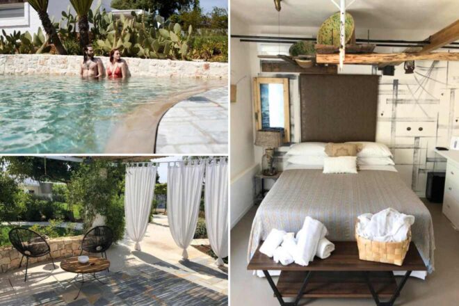 collage with a bedroom, a pool and outdoor lounge area