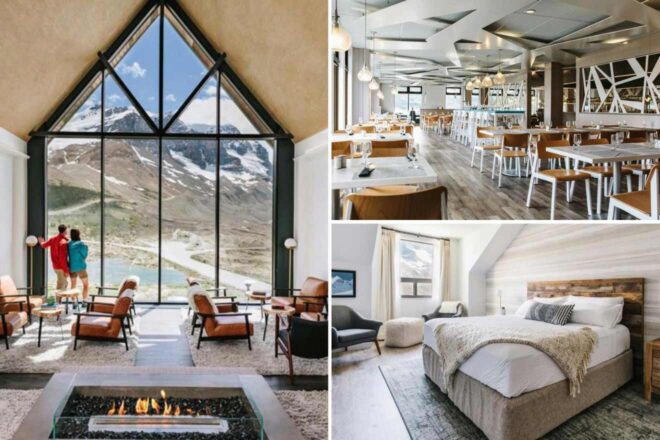 a collage of photos of a hotel with a fire place, bedroom and a restaurant
