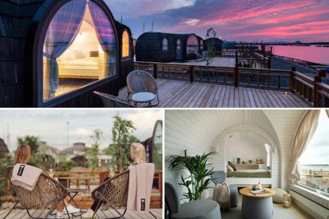 Two views of a glamping site with dome structures: one shows a sunset, the other has two women seated outdoors. An interior shot features a cozy bed and seating area.