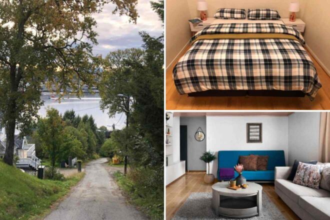 a collage of photos of a bedroom, living room, and footpath surrounded by trees leading to the water