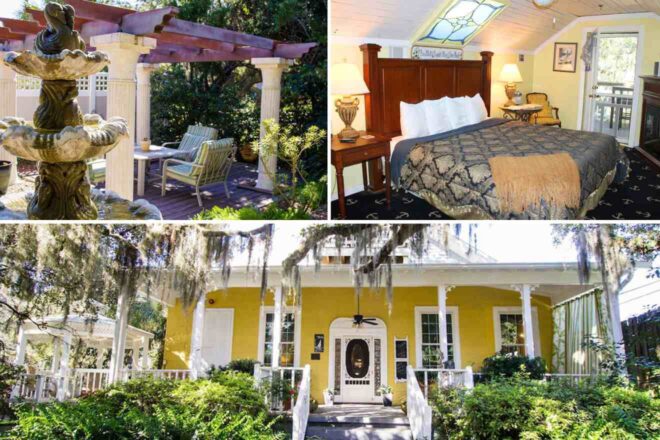 a collage of photos of a yellow house, bedroom and garden view