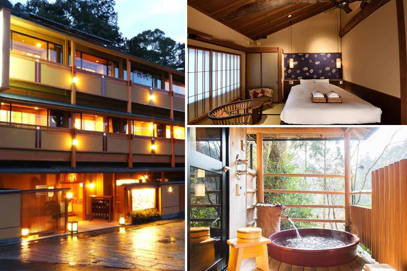 collage of 3 images of a ryokan: bedroom, building view at night and a private onsen