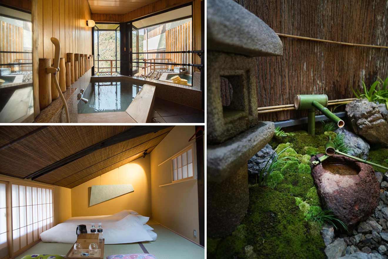 collage of 3 images of a ryokan: bedroom, shower and bath and other Japanese style baths