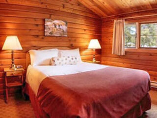 the bedroom of a hotel featuring the bed and bedside tables with lamps on top