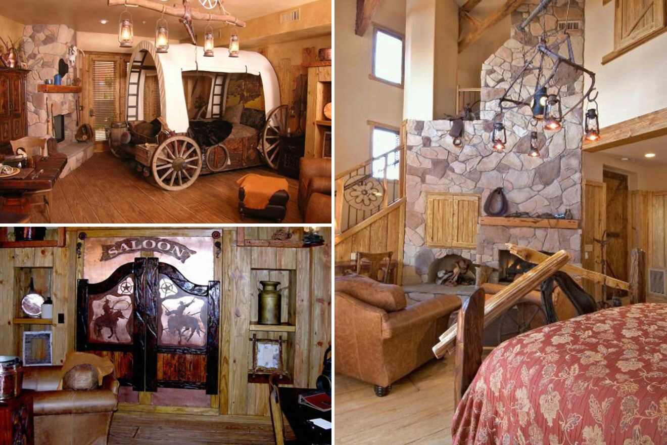 a collage of photos of a bed like a horse drawn carriage, lounge and fireplace