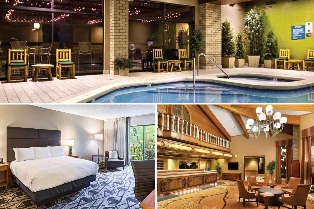 collage of three images with: a pool, bedroom and lounge area