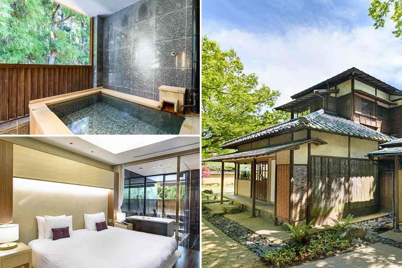 collage of three images: a private onsen, a bedroom and outside building