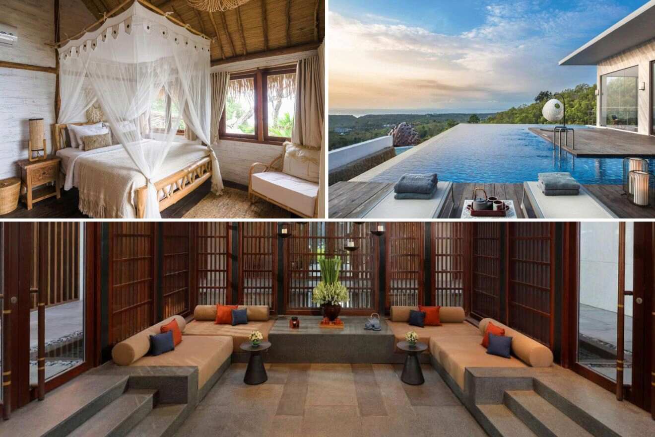Collage of three hotel pictures: bedroom, outdoor infinity pool, and lounge area