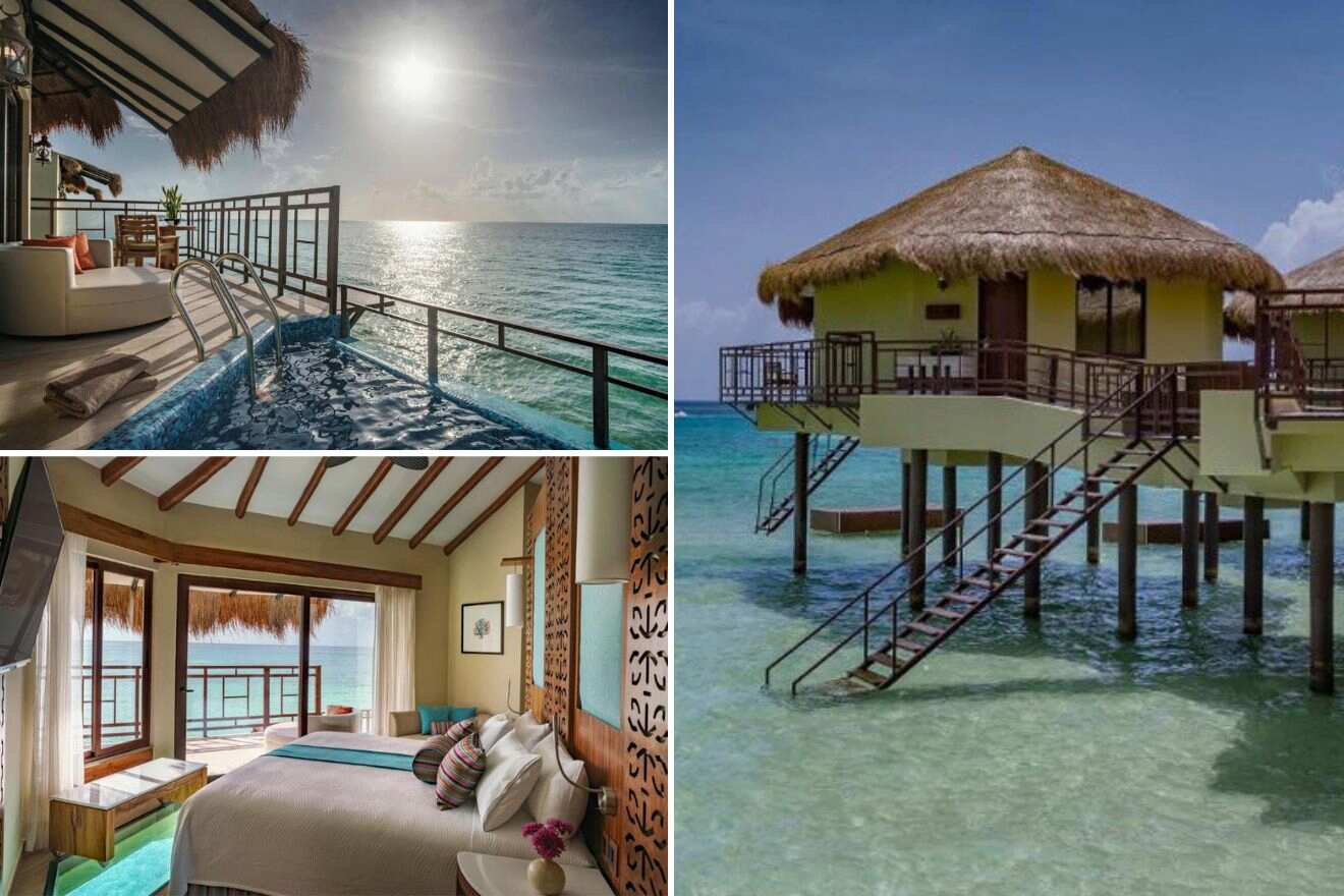 Collage of three hotel pictures: house on stilts in the ocean, bedroom and terrace with a pool and lounge area