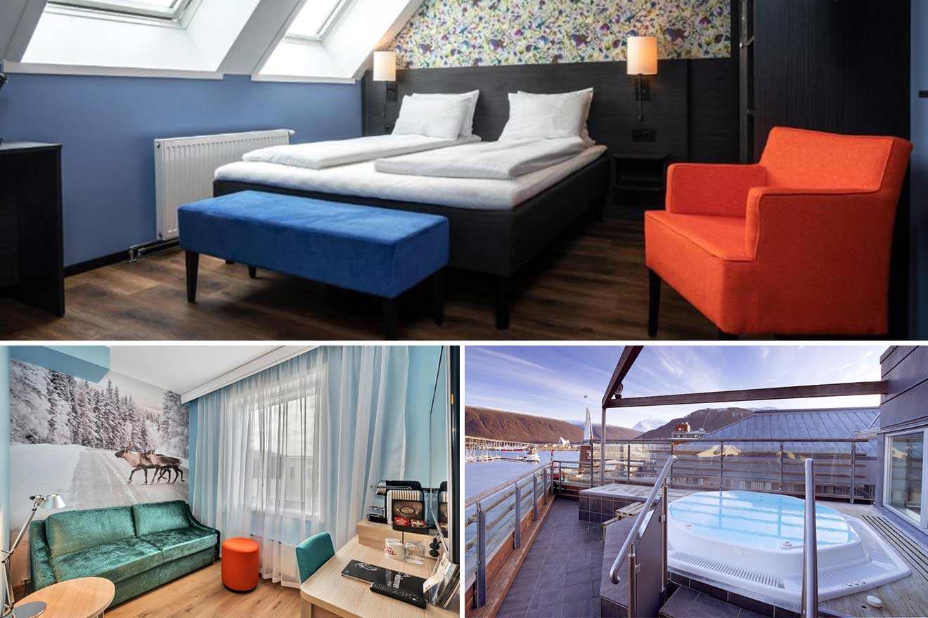 collage of 3 images with: jacuzzi on the terrace by the water, bedroom and lounge area